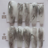 Vibeficant Progel Gray Halo Dyeing Handmade Gel Press on Nails Long Coffin Silver Sickle Design